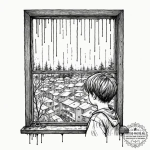 A child looking out a rain-streaked window on... - эскиз тату (№1752973111_0, 20.07.2025 00:58) — tattoo-photo.ru