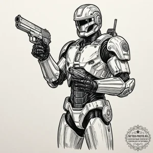 A graphic novel style tattoo of robocop with... - эскиз тату (№1752973195_0, 20.07.2025 00:59) — tattoo-photo.ru