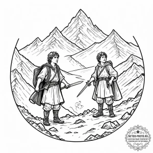 A graphic novel panel of frodo and sam on the... - эскиз тату (№1752975137_0, 20.07.2025 01:32) — tattoo-photo.ru