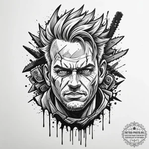 A neo-traditional portrait of chainsaw man, i... - эскиз тату (№1752977035_0, 20.07.2025 02:03) — tattoo-photo.ru
