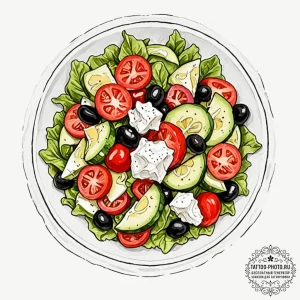 A fresh, colorful greek salad in a white bowl... - эскиз тату (№1752977114_0, 20.07.2025 02:05) — tattoo-photo.ru