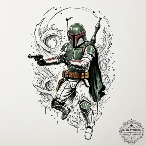 Trash polka style tattoo of boba fett in acti... - эскиз тату (№1752979183_0, 20.07.2025 02:39) — tattoo-photo.ru