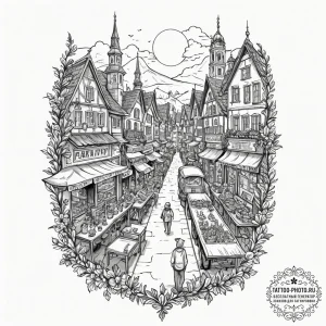 Tattoo design a vibrant market street from a... - эскиз тату (№1752980194_0, 20.07.2025 02:56) — tattoo-photo.ru