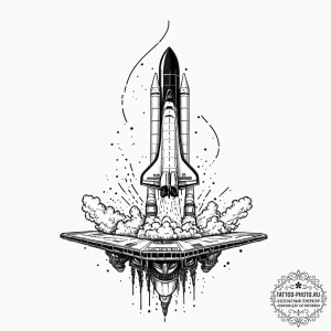 A space shuttle on the launchpad, steam billo... - эскиз тату (№1752981121_0, 20.07.2025 03:12) — tattoo-photo.ru