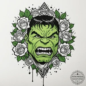 A trash polka sketch of the hulk, mid-smash,... - эскиз тату (№1752982048_0, 20.07.2025 03:27) — tattoo-photo.ru