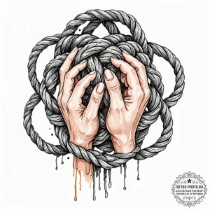 A person's hands tying a complex knot with a... - эскиз тату (№1752982558_0, 20.07.2025 03:35) — tattoo-photo.ru