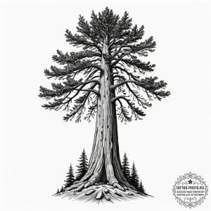 A low-angle shot of a massive redwood tree, e... - эскиз тату (№1752982979_0, 20.07.2025 03:42) — tattoo-photo.ru