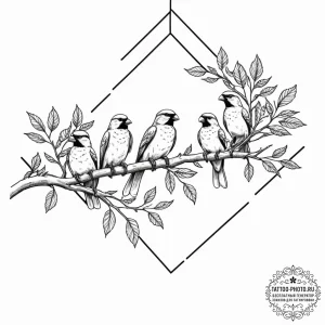 Tattoo sketch a family of birds perched on a... - эскиз тату (№1752985089_0, 20.07.2025 04:18) — tattoo-photo.ru