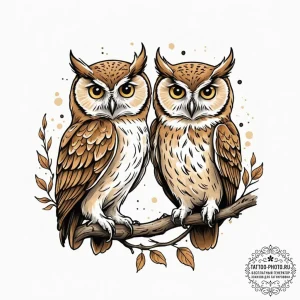 Tattoo sketch a pair of owls, symbolizing wis... - эскиз тату (№1752988545_0, 20.07.2025 05:15) — tattoo-photo.ru