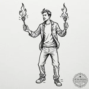 A street performer juggling flaming torches a... - эскиз тату (№1752989477_0, 20.07.2025 05:31) — tattoo-photo.ru