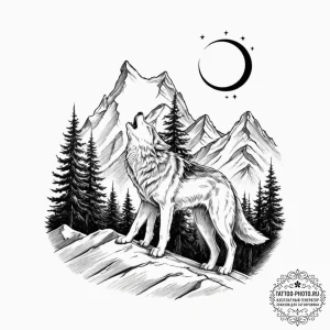 Tattoo design a wolf howling victoriously on... - эскиз тату (№1752989559_0, 20.07.2025 05:32) — tattoo-photo.ru