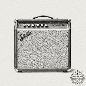 A close-up of a guitar amplifier, showing the... - эскиз тату (№1752990744_0, 20.07.2025 05:52) — tattoo-photo.ru