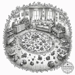 A child's messy playroom, with toys scattered... - эскиз тату (№1752992607_0, 20.07.2025 06:23) — tattoo-photo.ru