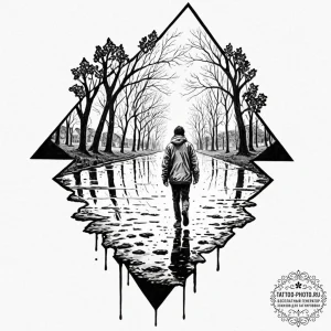 A shot of a person's reflection in a puddle a... - эскиз тату (№1752993367_0, 20.07.2025 06:36) — tattoo-photo.ru