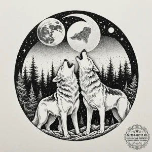 Tattoo design a wolf pack howling together un... - эскиз тату (№1752994126_0, 20.07.2025 06:48) — tattoo-photo.ru