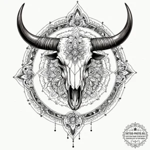 Bull skull, ink illustration for tattoo, geom... - эскиз тату (№1752995733_0, 20.07.2025 07:15) — tattoo-photo.ru