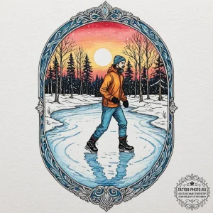 A solitary figure practicing ice skating on a... - эскиз тату (№1752999750_0, 20.07.2025 08:22) — tattoo-photo.ru