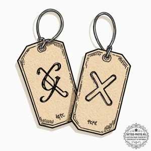 Tattoo sketch a pair of dog tags with a signi... - эскиз тату (№1753003889_0, 20.07.2025 09:31) — tattoo-photo.ru