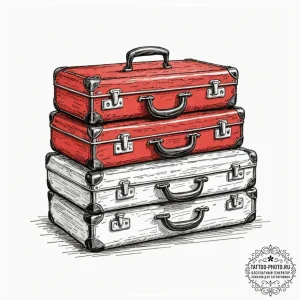 A stack of old, vintage suitcases., tattoo sk... - эскиз тату (№1753004483_0, 20.07.2025 09:41) — tattoo-photo.ru