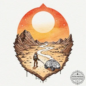 Watercolor tattoo design of the binary sunset... - эскиз тату (№1753006815_0, 20.07.2025 10:20) — tattoo-photo.ru