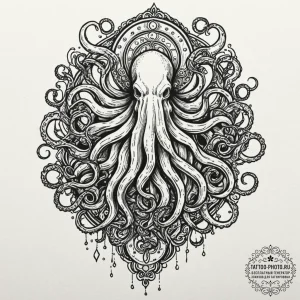 A trash polka tattoo of cthulhu rising from t... - эскиз тату (№1753006898_0, 20.07.2025 10:21) — tattoo-photo.ru