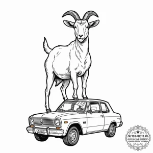 A curious goat standing on the roof of a car.... - эскиз тату (№1753008928_0, 20.07.2025 10:55) — tattoo-photo.ru