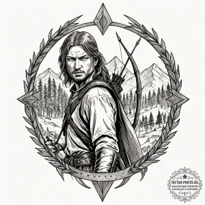 A graphic novel panel of boromir's last stand... - эскиз тату (№1753009436_0, 20.07.2025 11:03) — tattoo-photo.ru