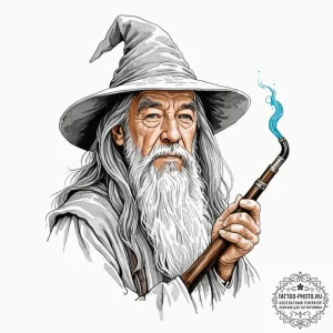 Neo-traditional portrait of gandalf the grey,... - эскиз тату (№1753011210_0, 20.07.2025 11:33) — tattoo-photo.ru