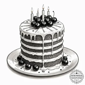 Cake, ink illustration for tattoo, sepia tone... - эскиз тату (№1753025715_0, 20.07.2025 15:35) — tattoo-photo.ru