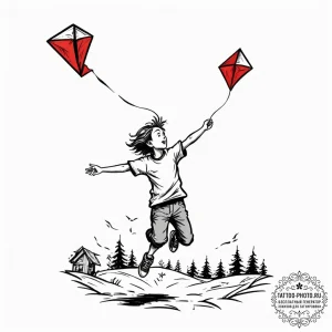 A person flying a kite on a windy day., ink i... - эскиз тату (№1753026953_0, 20.07.2025 15:55) — tattoo-photo.ru