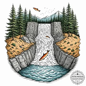 A shot of a salmon ladder at a dam, with fish... - эскиз тату (№1753027118_0, 20.07.2025 15:58) — tattoo-photo.ru