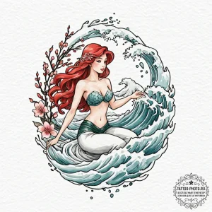 A watercolor sketch of ariel from the little... - эскиз тату (№1753028356_0, 20.07.2025 16:19) — tattoo-photo.ru