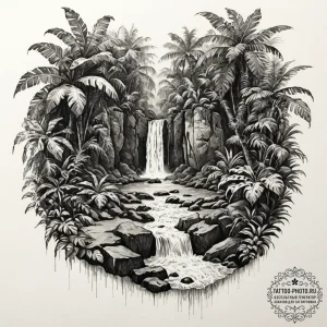 A hidden waterfall cascading into a lush, tro... - эскиз тату (№1753030264_0, 20.07.2025 16:51) — tattoo-photo.ru