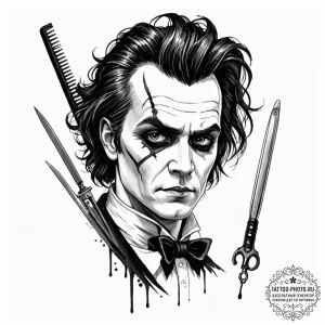 A trash polka portrait of sweeney todd, the d... - эскиз тату (№1753032083_0, 20.07.2025 17:21) — tattoo-photo.ru