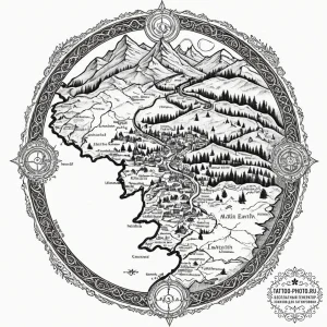 A linework design of the map of middle-earth,... - эскиз тату (№1753032332_0, 20.07.2025 17:25) — tattoo-photo.ru