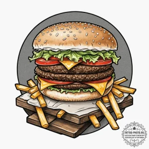A juicy, gourmet cheeseburger with all the to... - эскиз тату (№1753033162_0, 20.07.2025 17:39) — tattoo-photo.ru