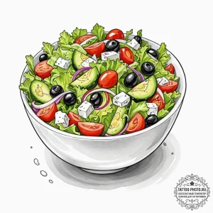 A fresh, colorful greek salad in a white bowl... - эскиз тату (№1753037124_0, 20.07.2025 18:45) — tattoo-photo.ru