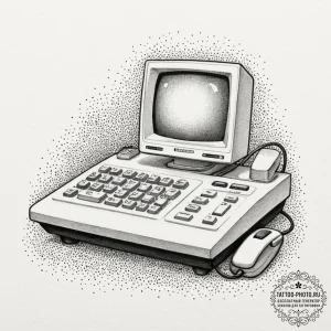 A 1980s office with bulky crt monitors, beige... - эскиз тату (№1753040176_0, 20.07.2025 19:36) — tattoo-photo.ru