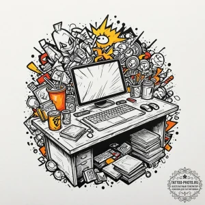 The cluttered desk of a comic book artist., t... - эскиз тату (№1753040505_0, 20.07.2025 19:41) — tattoo-photo.ru