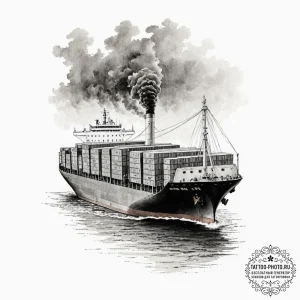 A massive container ship navigating through a... - эскиз тату (№1753040752_0, 20.07.2025 19:45) — tattoo-photo.ru