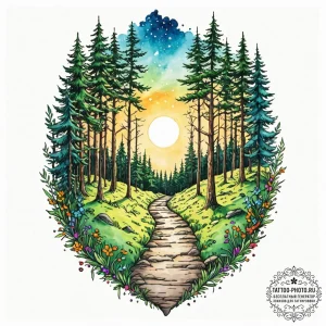 Tattoo design a tranquil forest path leading... - эскиз тату (№1753041166_0, 20.07.2025 19:52) — tattoo-photo.ru