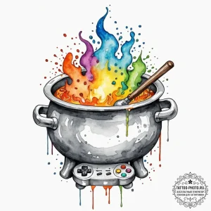 Tattoo sketch a bubbling cauldron with game c... - эскиз тату (№1753041247_0, 20.07.2025 19:54) — tattoo-photo.ru
