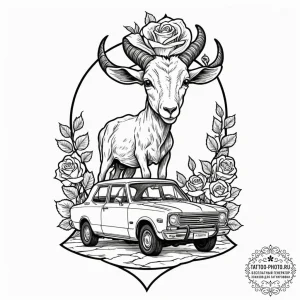 A curious goat standing on the roof of a car.... - эскиз тату (№1753046122_0, 20.07.2025 21:15) — tattoo-photo.ru