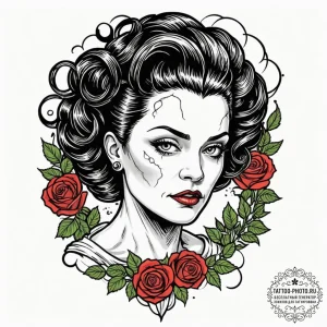 A linework tattoo of the bride of frankenstei... - эскиз тату (№1753056028_0, 21.07.2025 00:00) — tattoo-photo.ru