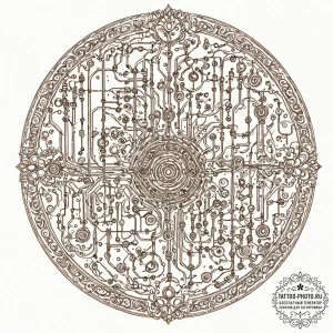 A close-up of a circuit board, showing the in... - эскиз тату (№1753056853_0, 21.07.2025 00:14) — tattoo-photo.ru