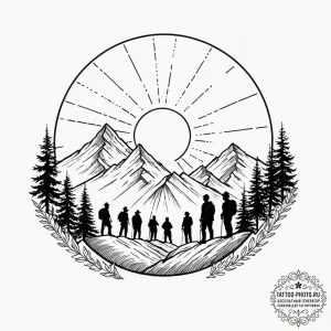 Tattoo sketch a group of adventurers silhouet... - эскиз тату (№1753057843_0, 21.07.2025 00:30) — tattoo-photo.ru