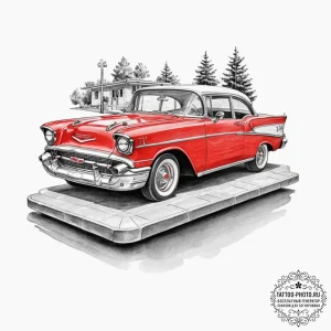 A classic, cherry red 1957 chevrolet bel air... - эскиз тату (№1753058337_0, 21.07.2025 00:38) — tattoo-photo.ru