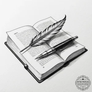 Tattoo sketch a quill pen on one, an open boo... - эскиз тату (№1753059245_0, 21.07.2025 00:54) — tattoo-photo.ru