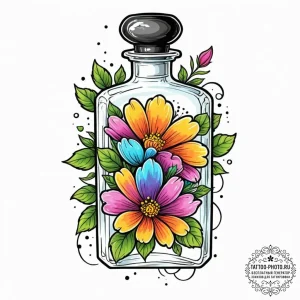Tattoo sketch a delicate perfume bottle with... - эскиз тату (№1753064112_0, 21.07.2025 02:15) — tattoo-photo.ru