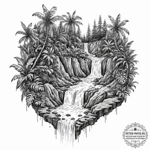 A hidden waterfall cascading into a lush, tro... - эскиз тату (№1753064439_0, 21.07.2025 02:20) — tattoo-photo.ru